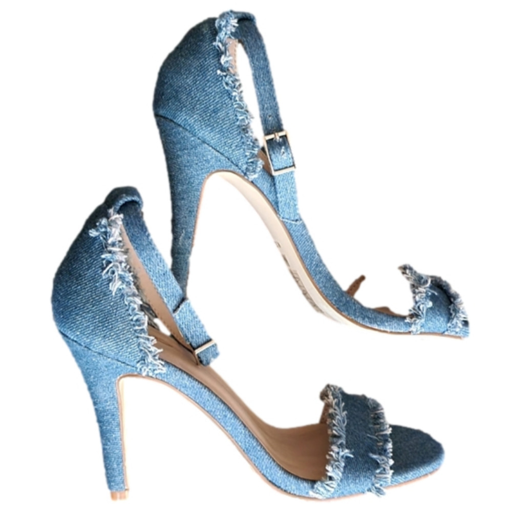 Mix No 6 Distressed Denim Peep Toe Stilleto Sandals Size 6.5 - Picture 9 of 10